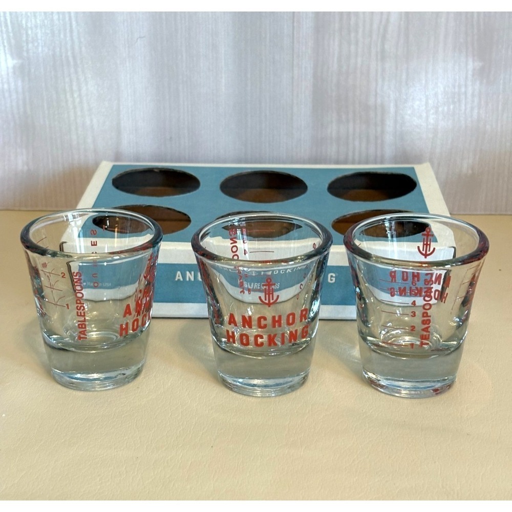 3 - Anchor Hocking Shot Glass Measuring Cups 1 oz Red Print USA Barware Jigger
